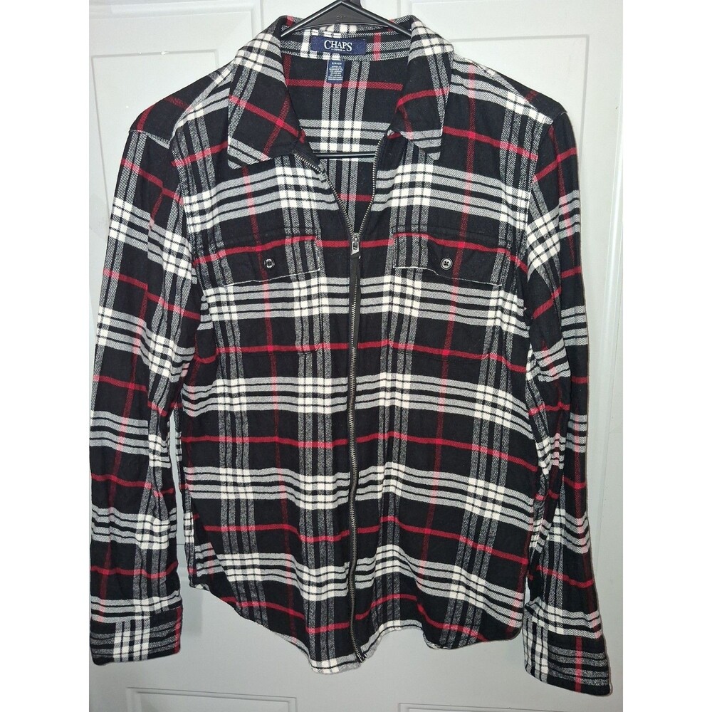 Chaps Plaid Flannel Jacket Womens Small Zip Front Shacket Red Black